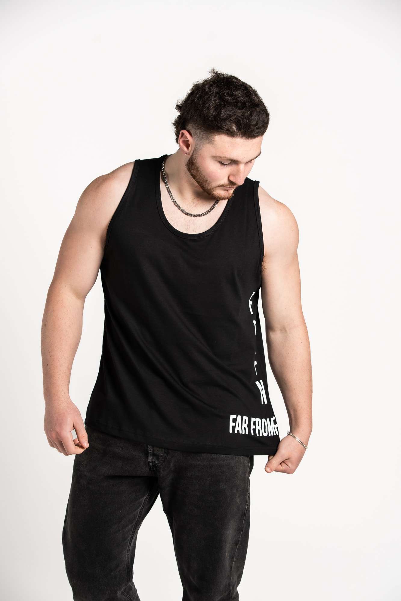 Unisex Black Side Logo Singlets on model