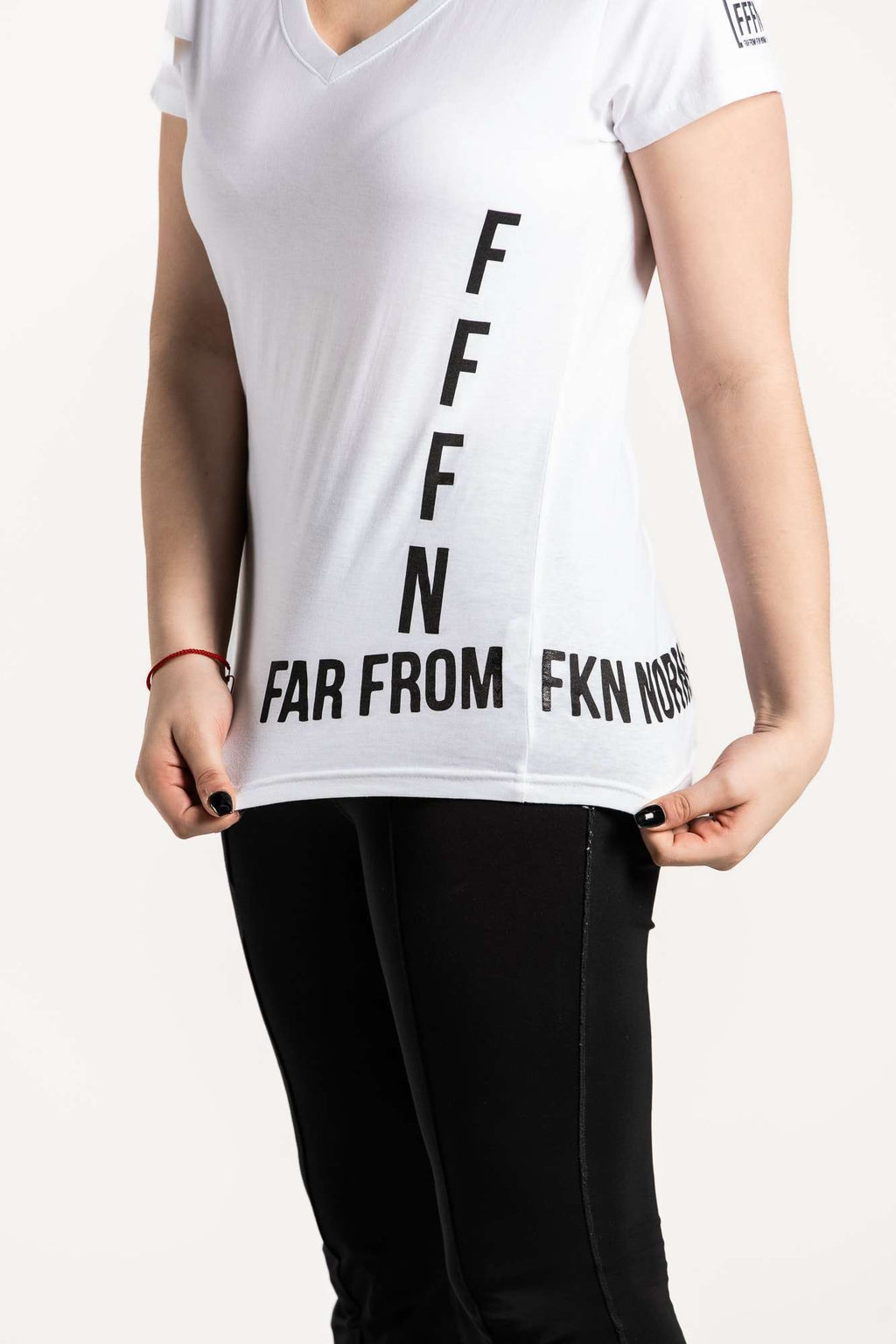 White :: Ladies V-Neck Side Logo T-Shirt
