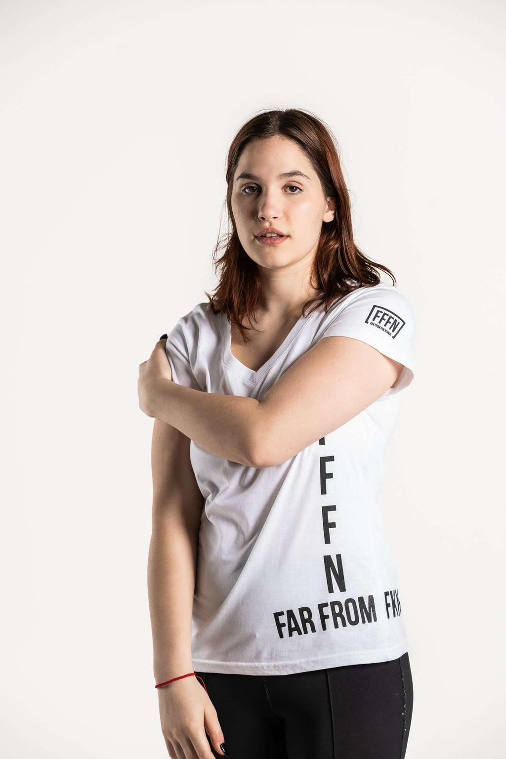 White :: Ladies V-Neck Side Logo T-Shirt